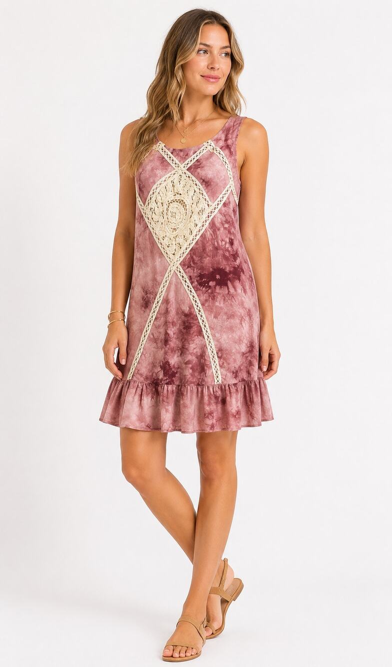 Umgee Pink Tie Dye Crochet Lace Sleeveless Mini Dress Boho Womens Small